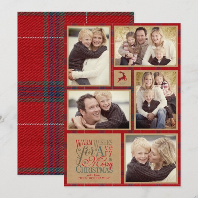 Warm Wishes Photo Collage Kraft & Tartan Red ID589 Invitation (Front/Back)