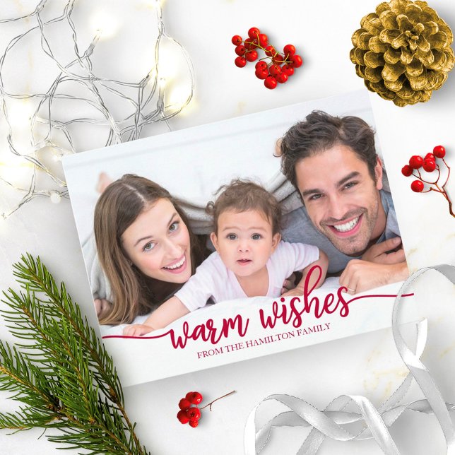 Warm Wishes Red Calligraphy Photo Christmas Postcard (Creator Uploaded)