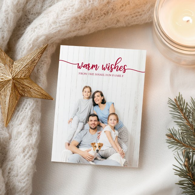 Warm Wishes Red Script Unique Photo Christmas Postcard (Creator Uploaded)