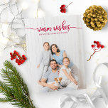 Warm Wishes Red Script Unique Photo Christmas Postcard<br><div class="desc">A simple chic calligraphy Christmas card,  easy to personalised with your photo,  the red text calligraphy is perfect for white horizontal photo.</div>