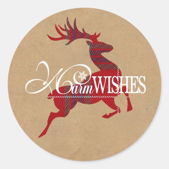 Warm Wishes Reindeer Tartan Red/Kraft ID589 Classic Round Sticker (Front)