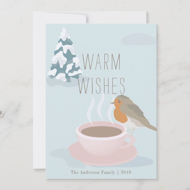 "Warm Wishes" Robin & Coffee Cup Christmas Card (Front)
