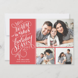 Warm Wishes This Holiday Hand Lettered 3-Photo Red Card