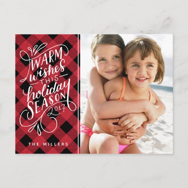 Warm Wishes This Holiday Hand Lettered Plaid Postcard (Front)