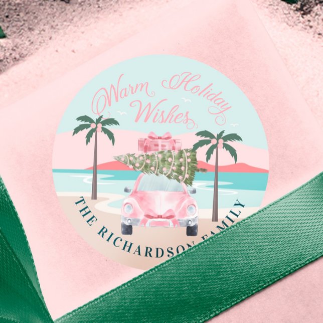 Warm Wishes Tropical Palm Trees & Pink Retro Car Classic Round Sticker (Warm Wishes Tropical Palm Trees & Pink Retro Car Classic Round Sticker)