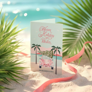 Warm Wishes Tropical Palm Trees & Pink Retro Car Holiday Card
