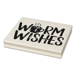 Warm Wishes Typography with Steaming Mug Rubber Stamp
