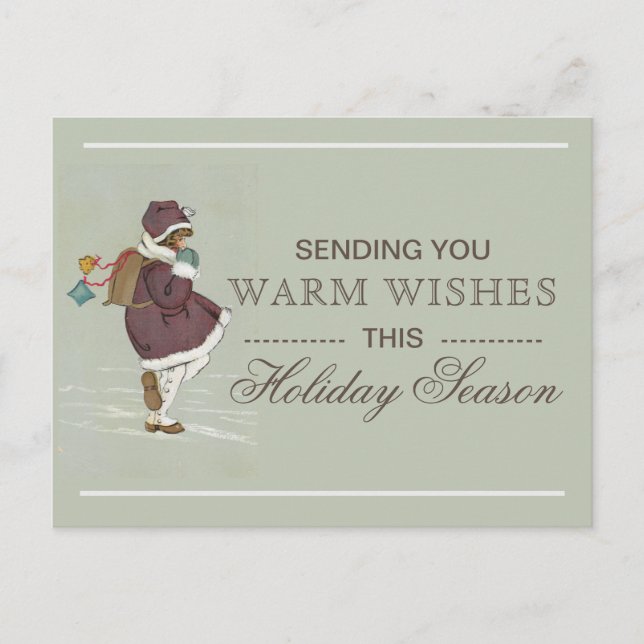 Warm Wishes Vintage School Girl Christmas Holiday Postcard (Front)