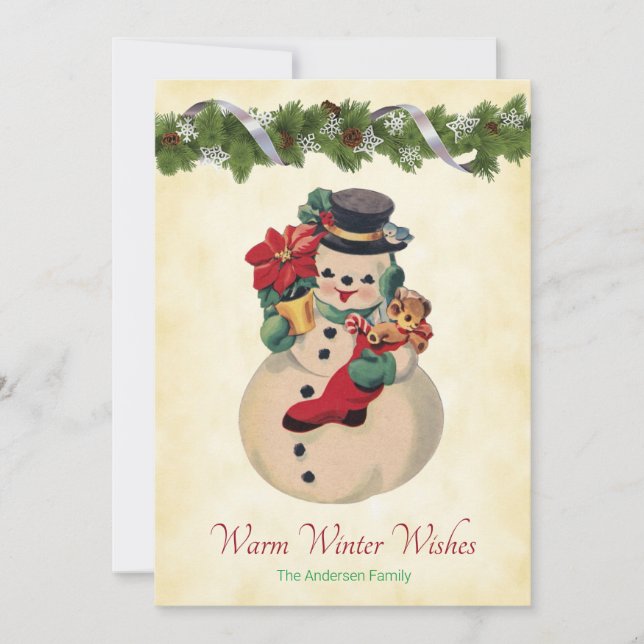 Warm Wishes - Vintage Snowman Flat Holiday Card (Front)