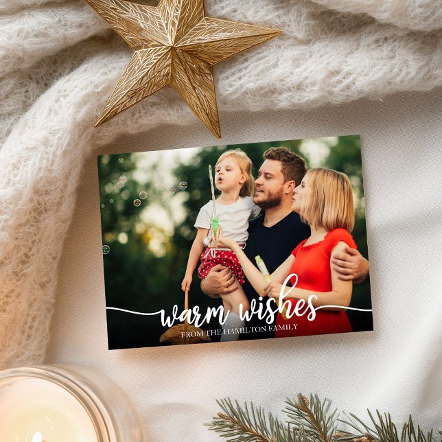 Warm Wishes White Calligraphy Photo Christmas Postcard (Creator Uploaded)