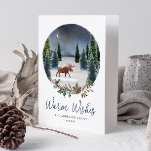 Warm Wishes Woodland Moose Winter Scene Non-Photo Holiday Card