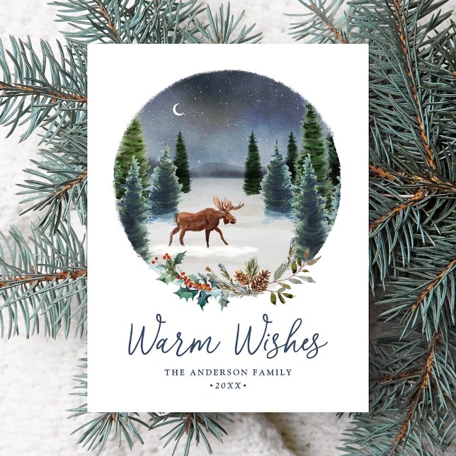 Warm Wishes Woodland Moose Winter Scene Non-Photo Holiday Postcard (Creator Uploaded)