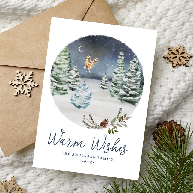 Warm Wishes Woodland Owl Winter Scene Non-Photo Holiday Card (Creator Uploaded)