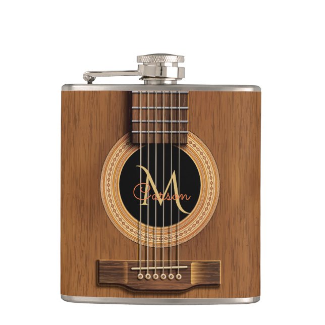 Warm Wood Acoustic Guitar Hip Flask (Front)