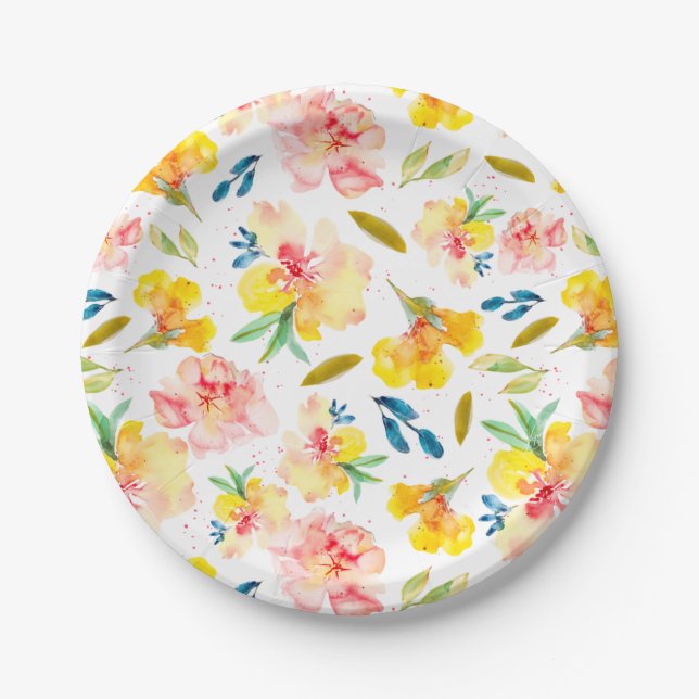Warm Yellow and Pink Watercolor Floral Paper Plate (Front)