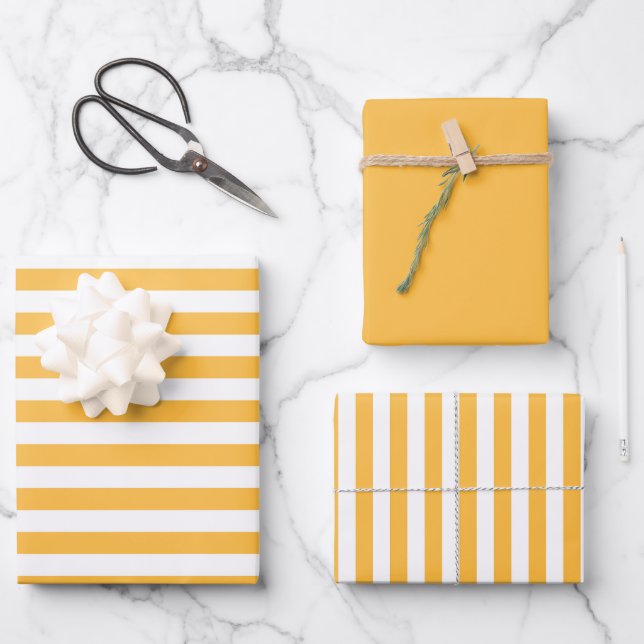 Warm Yellow and White Striped Gifts Wrapping Paper Sheet (Front)