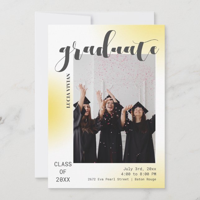 Warm Yellow Grey Line Background Photo Graduation Invitation (Front)