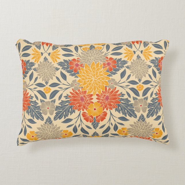 Warm Yellow, Orange & Blue Floral Decorative Cushion (Front)