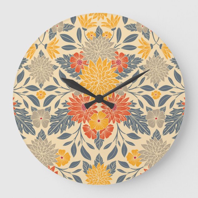 Warm Yellow, Orange & Blue Floral Large Clock (Front)