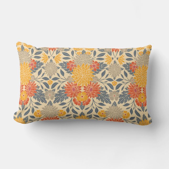 Warm Yellow, Orange & Blue Floral Lumbar Cushion (Front)