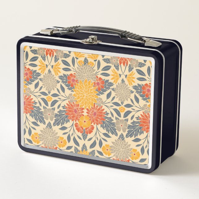 Warm Yellow, Orange & Blue Floral Metal Lunch Box (Front)