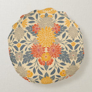 Warm Yellow, Orange & Blue Floral Round Cushion
