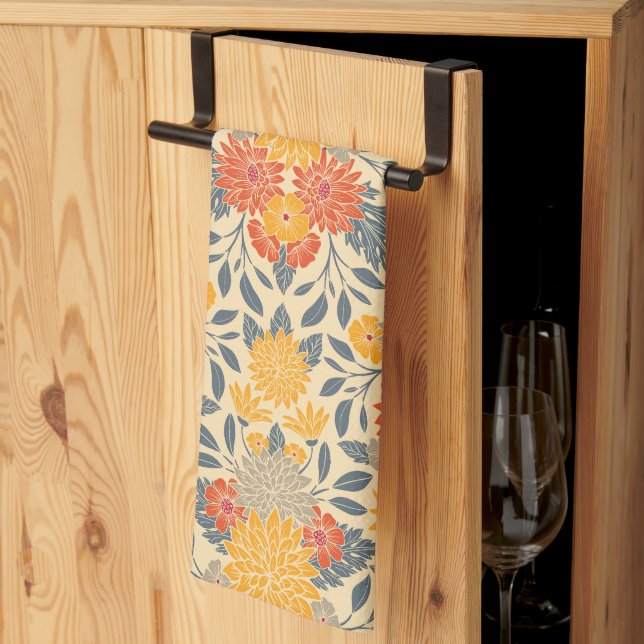 Warm Yellow, Orange & Blue Floral Tea Towel (Thirds Fold)