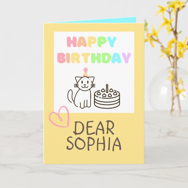 Warm Yellow&Rainbow Cat Happy Birthday  Card (Yellow Flower)