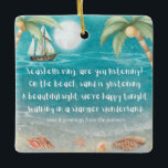 Warmer Wonderland Tropical Beach Christmas Ceramic Ornament<br><div class="desc">Tropical theme Christmas ornament features a moonlight beach with seashells and glistening sand, palm trees, and a ship sailing in the sea. The lyrics are to the tune of "Winter Wonderland" but with a tropical twist that says: "Seashells ring, are you listening? -- On the beach, sand is glistening --...</div>