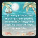 Warmer Wonderland Tropical Beach Christmas  Square Sticker<br><div class="desc">Tropical, whimsical Christmas stickers (or envelope seals) feature a moonlight beach with seashells and glistening sand, palm trees, and a ship sailing in the turquoise sea. The lyrics are to the tune of "Winter Wonderland" but with a tropical twist that says: "Seashells ring, are you listening? -- On the beach,...</div>