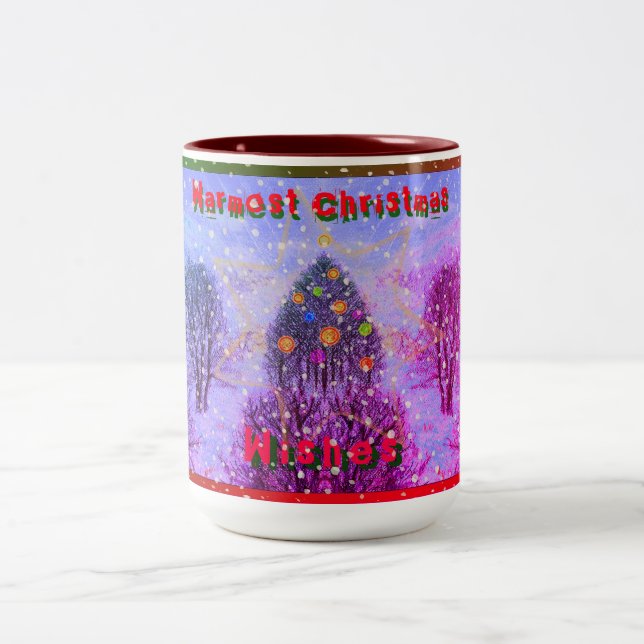 Warmest Christmas Wishes Colourful Tree Snow Two-Tone Coffee Mug (Center)