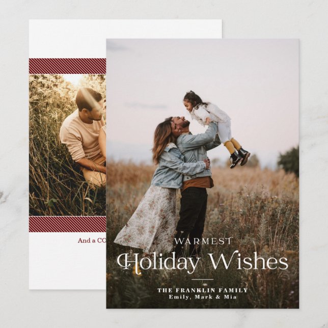 Warmest Holiday Wishes Modern Photo Holiday Card (Front/Back)