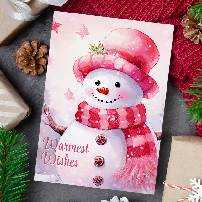 Warmest Wishes Adorable Pink Snowman Holiday Card (Creator Uploaded)