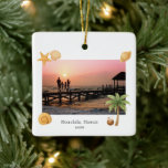 Warmest Wishes Beach Photo Modern Christmas Ceramic Ornament<br><div class="desc">Modern Christmas ornament featuring a simple and fun design with a starfish,  palm tree,  coconut drink and seashells accenting your favourite beach photo along with optional text on the front and the greeting "Warmest Wishes" and your name on the back.</div>