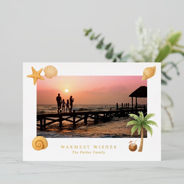 Warmest Wishes Beach Photo Modern Christmas Foil Holiday Card (Standing Front)