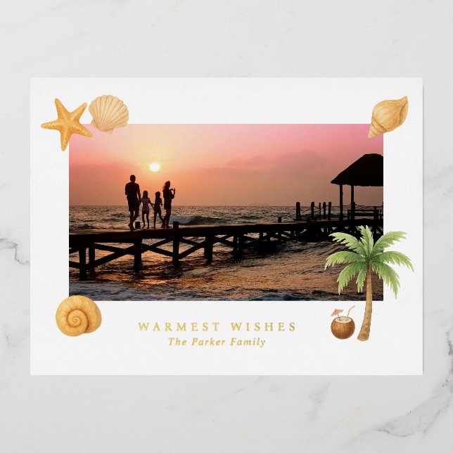 Warmest Wishes Beach Photo Modern Christmas Foil Holiday Postcard (Front)