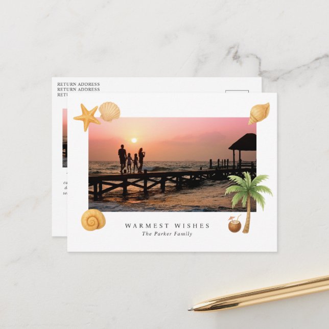 Warmest Wishes Beach Photo Modern Christmas Holiday Postcard (Front/Back In Situ)