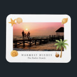 Warmest Wishes Beach Photo Modern Christmas Magnet<br><div class="desc">Modern Christmas magnet featuring a simple and fun design with a starfish,  palm tree,  coconut drink and seashells accenting your favourite beach photo along with the greeting "Warmest Wishes" and your name.</div>