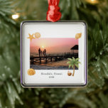 Warmest Wishes Beach Photo Modern Christmas Metal Tree Decoration<br><div class="desc">Modern Christmas ornament featuring a simple and fun design with a starfish,  palm tree,  coconut drink and seashells accenting your favourite beach photo along with optional text.</div>