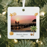 Warmest Wishes Beach Photo Modern Christmas Metal Tree Decoration<br><div class="desc">Modern Christmas ornament featuring a simple and fun design with a starfish,  palm tree,  coconut drink and seashells accenting your favourite beach photo along with optional text on the front and the greeting "Warmest Wishes" and your name on the back.</div>