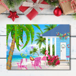 Warmest Wishes Birds and Beach House Christmas Holiday Card<br><div class="desc">This tropical Christmas holiday greeting card features an adorable flock of colourful birds and a pink flamingo wearing a Santa hat.  They are enjoying their beautiful beach house on the ocean.
Greeting ~ Warmest Wishes From our Holiday Paradise to Yours!
Some graphics by artwork&@delightful-doodles.com and slslines.etsy.com ~~</div>