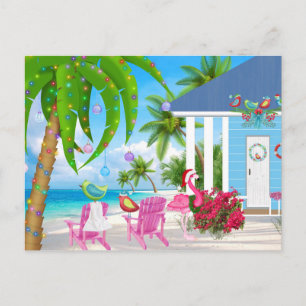 Warmest Wishes Birds and Beach House Christmas Holiday Postcard