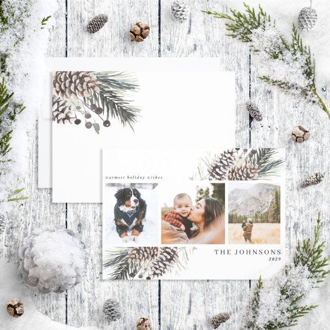 Warmest Wishes Black Winter Pinecone 3 Photo Holid Holiday Card (Creator Uploaded)