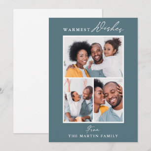 Warmest Wishes Blue Three Photo Collage Holiday Card