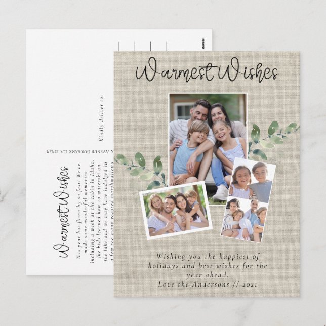 Warmest Wishes Burlap Eucalyptus Photo Collage  Holiday Postcard (Front/Back)