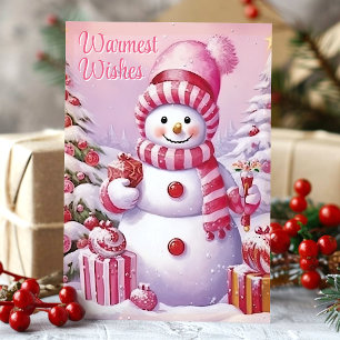 Warmest Wishes Cute Pink Snowman Holiday Card