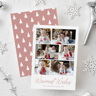 Warmest Wishes Dusty Rose Script 6 Photo Collage Holiday Card
