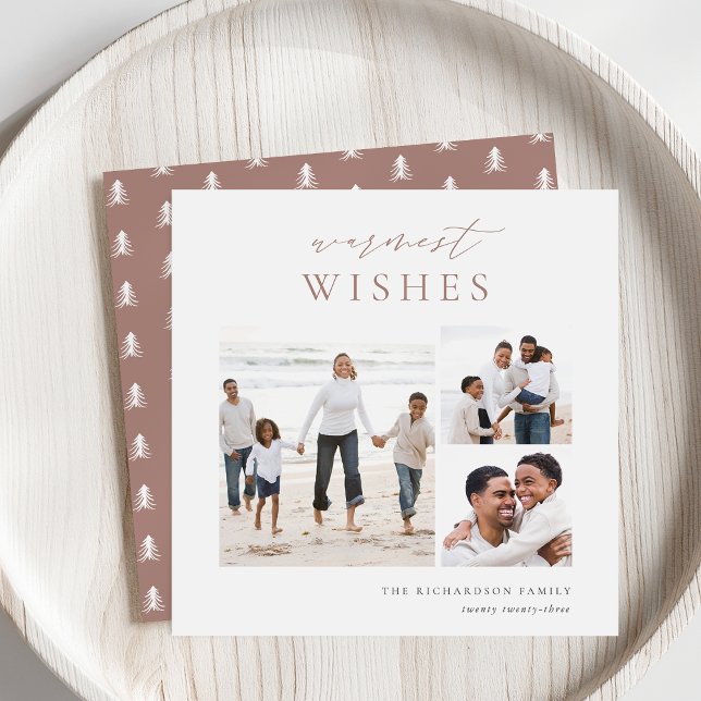 Warmest Wishes Elegant 3 Photo Collage Christmas Holiday Card (Creator Uploaded)