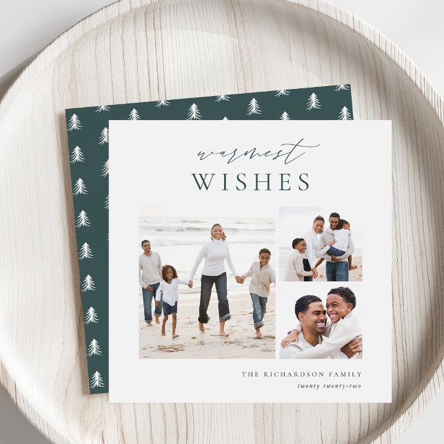 Warmest Wishes Elegant 3 Photo Collage Christmas Holiday Card (Creator Uploaded)