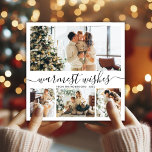 Warmest Wishes Elegant 4 Photo Collage Christmas Holiday Card<br><div class="desc">Elegant Calligraphy Minimalist 4 Photo Collage Warmest Wishes Script Christmas Holiday Card in black white. This festive, mimimalist, whimsical four (4) photo holiday card template features a pretty photo collage and says „Warmest Wishes”. The text is written in a beautiful hand lettered cursive, swirly swash-tail font type. On the reverse...</div>
